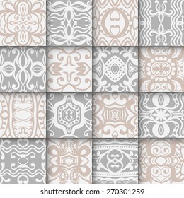 16 Geometric colorful seamless patterns set. Vector repeating texture, line art. Abstract background.