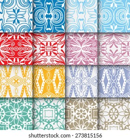 16 Geometric colorful seamless patterns set. Vector repeating texture, line art. Abstract background.