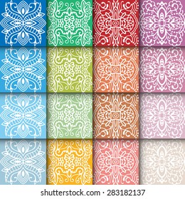 16 Geometric colorful seamless patterns set. Vector lace repeating texture, line art. Islamic, Arabic ornament, abstract background.