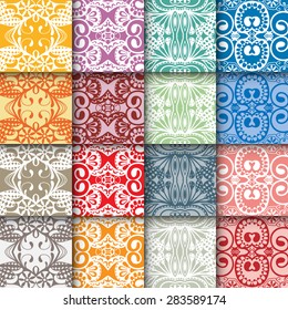 16 Geometric colorful seamless patterns set. Vector lace repeating texture, line art. Islamic, Arabic ornament, abstract background.