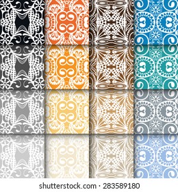 16 Geometric colorful seamless patterns set. Vector lace repeating texture, line art. Islamic, Arabic ornament, abstract background.