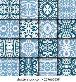 16 Geometric elements collection, seamless patterns set. Vector repeating texture, line art. Abstract background.