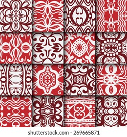 16 Geometric elements collection, seamless patterns set. Vector repeating texture, line art. Abstract background.