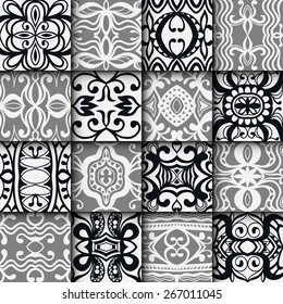 16 Geometric monochrome seamless patterns set. Vector repeating texture, line art. Abstract background.