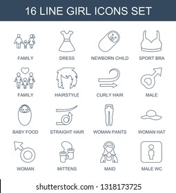 16 girl icons. Trendy girl icons white background. Included line icons such as family, dress, newborn child, sport bra, hairstyle, curly hair, male. girl icon for web and mobile.