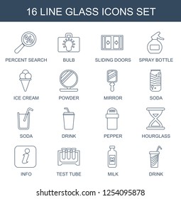 16 glass icons. Trendy glass icons white background. Included line icons such as percent search, bulb, sliding doors, spray bottle, ice cream, powder. glass icon for web and mobile.