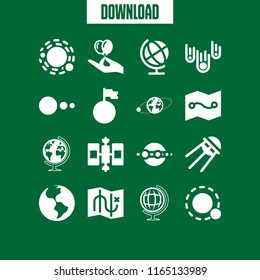 16 globe vector icon set with map, earth globe, planet and solar system icons for mobile and web