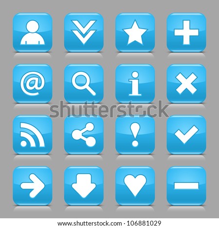 16 glossy blue button with white basic sign. Rounded square shape internet web icon with black shadow and reflection on light gray background. This vector illustration design elements saved 8 eps