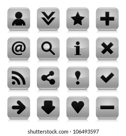 16 glossy gray button with black basic sign. Rounded square shape internet web icon with dark shadow and gray reflection on white background. This vector illustration design elements saved 8 eps