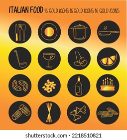 16 gold colored icons about ITALIAN FOOD