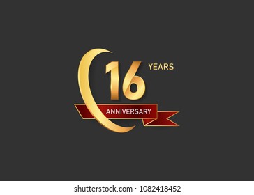 16 golden anniversary design logotype  with gold swoosh ring and red ribbon can be used  for celebration event, isolated on dark background