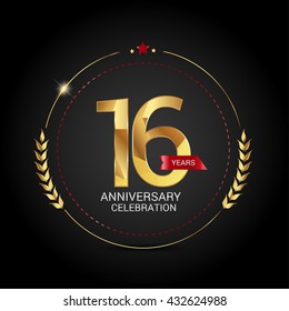 16 golden anniversary logo with red ribbon, low poly design number