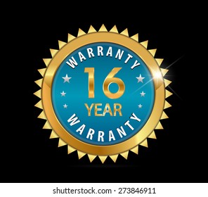 16 golden blue metallic one year, 16 year warranty badge - vector eps10