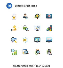 16 graph flat icons set isolated on . Icons set with Business Planning, tax consultant, Marketing analytics, investment, Marketing research, analytics app, Social Marketing icons.