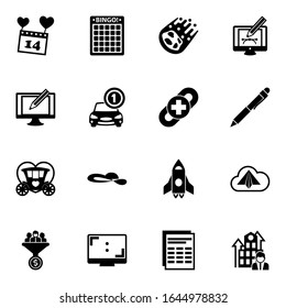 16 graphic filled icons set isolated on white background. Icons set with Valentines Day, Bingo, comet, Digital illustration, Car rental, link building, Brougham, woman hat icons.