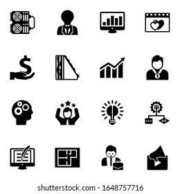 16 graphic filled icons set isolated on white background. Icons set with mining farm, creativity, SEO monitoring, investment, sandwich, Profit, Cognitive Science, celebration icons.