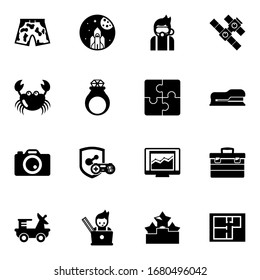 16 graphic filled icons set isolated on white background. Icons set with shorts, space exploration, Diving, crab, handmade Jewelry, Puzzle, Photo services, game clan, space station icons.