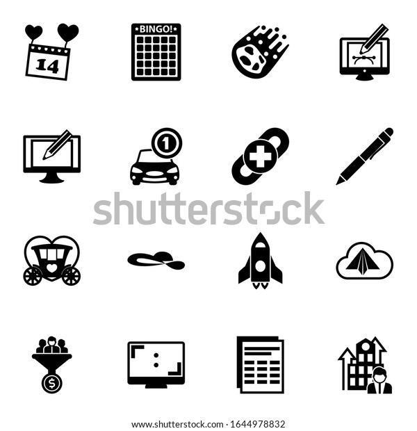16\
graphic filled icons set isolated on white background. Icons set\
with Valentines Day, Bingo, comet, Digital illustration, Car\
rental, link building, Brougham, woman hat\
icons.