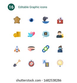 16 iconos planos gráficos establecidos aislados en . Iconos con cuero, visión, mariscos, apuesta, paloma, Conocimiento, nave espacial, ostra, construcción de enlaces, pala, fecha límite, iconos de servicio de traducción.