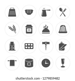 16 Grater, Strainer, Conserve, Towel, Kitchen board, Glass, Wheat, Coffee maker, Platter modern icons on round shapes, vector illustration, eps10, trendy icon set.