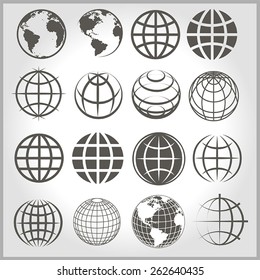 16 gray vector icons earth on a light background