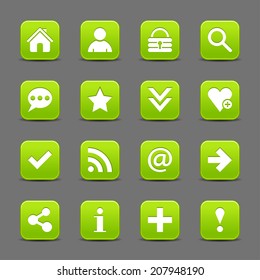 16 green satin icon with white basic sign on rounded square web button with black shadow on dark gray background. This vector illustration internet design element save in 8 eps