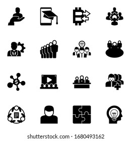 16 iconos rellenos de grupo, aislados en fondo blanco. Iconos establecidos con el cliente, SiteMap, Peer to Peer, manager, staff, ideas colaborativas, redes de negocios, iconos de Audiencia.