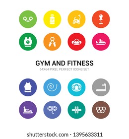 16 gym and fitness vector icons set included rings, roller, rope, rowing machine, running machine, scale, skipping rope, sleeveless, sneakers, sport bag, sport expander icons