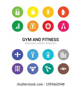 16 gym and fitness vector icons set included fitness wheel, grip, gym, gym bars, ladder, station, gymnastic rings, gymnastic roller, hand grip, headgear, horizontal bar icons