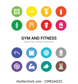 16 gym and fitness vector icons set included lumbar belt, mat, muscles, no fast food, phytonutrients, pilates ball, press, press simulator, protein, protein shake, pull up bar icons