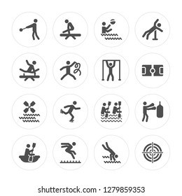 16 Hammer Throw, Gymnastic, Long Jump, Canoe, Boxing, Target, Kayak, Gymnast modern icons on round shapes, vector illustration, eps10, trendy icon set.