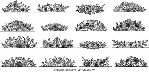 16 separadores de texto florales dibujados a mano para Elementos de diseño, impresión, invitación de boda, tarjeta o grabado. Ilustración vectorial.