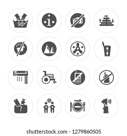 16 Hand wash, Info, Waiting room, Lost items, No touch, Silence, pets, Air conditioner, Nuclear modern icons on round shapes, vector illustration, eps10, trendy icon set.