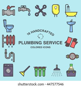 16 handcrafted colored icons for plumbing service business.