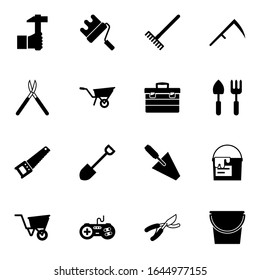 16 iconos rellenos de controlador que se encuentran aislados en fondo blanco. Iconos con la artesanía, rodillo de pintura, torta, tijeras de jardinería, flecha de ruedas, caja de herramientas, sierra de mano, pala, iconos de Scythe.