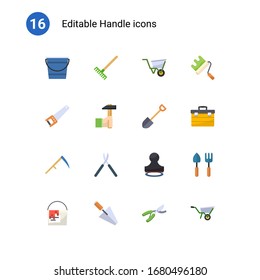 16 handle flat icons set isolated on . Icons set with Bucket, Rake, wheelbarrow, Hand saw, Handicraft, Shovel, Scythe, Gardening scissors, Stamp, paint bucket, trowel, Garden pruner icons.