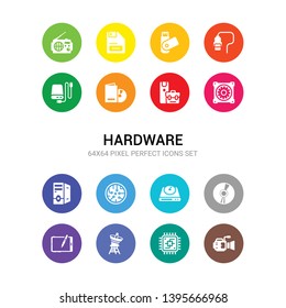 16 hardware vector icons set included big camera, big processor, big satellite, tablet, bluray cd room, circuits, computer case, computer fan, device manager, dvd icons