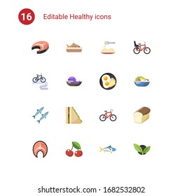 16 healthy flat icons set isolated on . Icons set with fish steak, baked fish, Pasta, Bike tour, seafood, breakfast, sardine, sandwich, Bike, salmon, cherry, tuna, Bike Child seat icons.