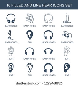 16 hear icons. Trendy hear icons white background. Included filled and line icons such as earphones, ear, headphones. hear icon for web and mobile.