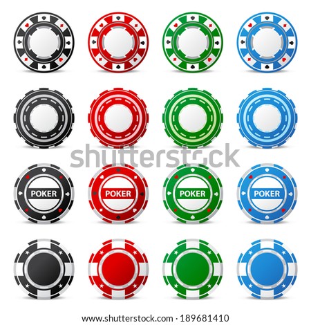 16 highly detailed gambling chips over white background