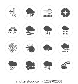 16 Hot, Hail, Cloud, Rain, Snowing, Rainbow, Snowflake, Smog modern icons on round shapes, vector illustration, eps10, trendy icon set.