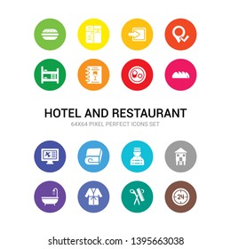 16 hotel and restaurant vector icons set included 24 service, barbershop, bathrobe, bathtub, beach hotel, bellboy, blanket, booking, bread, breakfast, wine menu icons