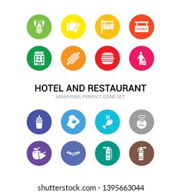 16 hotel and restaurant vector icons set included extinguisher, fire extinguisher, five stars, food, free wifi, fried chicken, fried egg, frozen yogurt, guest, hamburger, hot dog icons