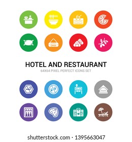 16 hotel and restaurant vector icons set included lounge, luggage, meat, minibar, napkins, nightstand, no pets, no smoking, olives, onigiri, open icons
