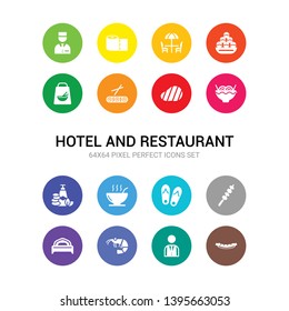 16 hotel and restaurant vector icons set included sausage, servant, shrimp, single bed, skewer, slippers, soup, spa, spaghetti, steak, sushi icons