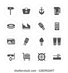 16 Hotel, Shopping basket, Luggage, Snorkel, Flippers, Swimming pool, Lifesaver, Sunset, Ice cream modern icons on round shapes, vector illustration, eps10, trendy icon set.