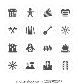 16 House, Gingerbread man, Mountain, Cold, Bonfire, Scarf, Axe, Cabin, Shovel modern icons on round shapes, vector illustration, eps10, trendy icon set.