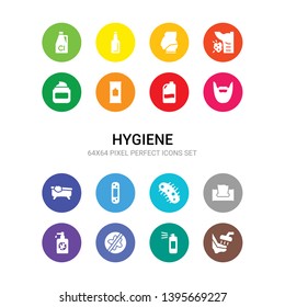 16 Hygiene Vector Icons Set Included Ablution, Air Freshener, Antibacterial, Antiseptic, Baby Wipe, Bacteria, Bandage, Bathroom, Beardy, Bleach, Wipes Icons