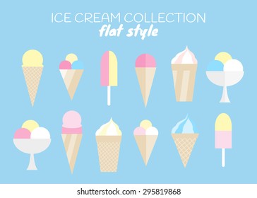 16 ice creams and cones icons in flat style. Can be used for digital marketing, logos, dessert menu, patterns, design, illustrations.