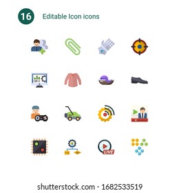 16 iconos planos de icono establecidos aislados en . Conjuntos de iconos con seguidores, Paperclip, guantes de guantes, software contable, blusa, mariscos, gamer, Lawnmower, software de transmisión, iconos de la Decisión AI.